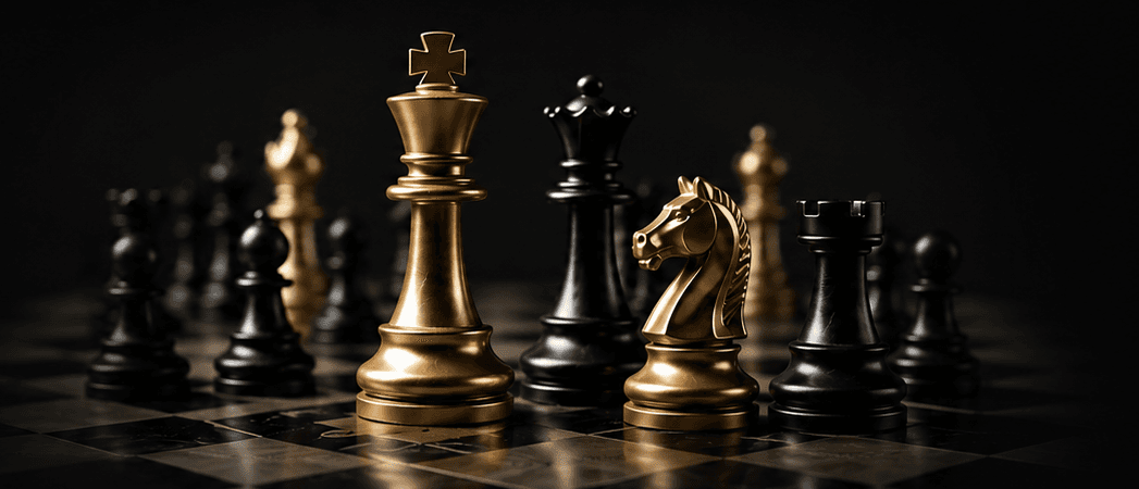Black and gold chess pieces on a chessboard